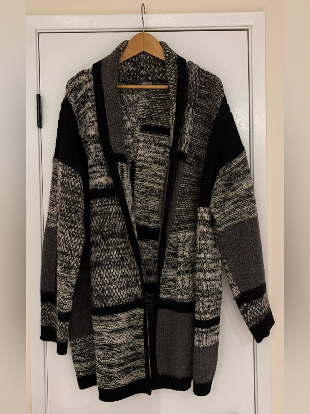 J. Jill Black and Gray Patchwork Open-Front Wool Cardigan